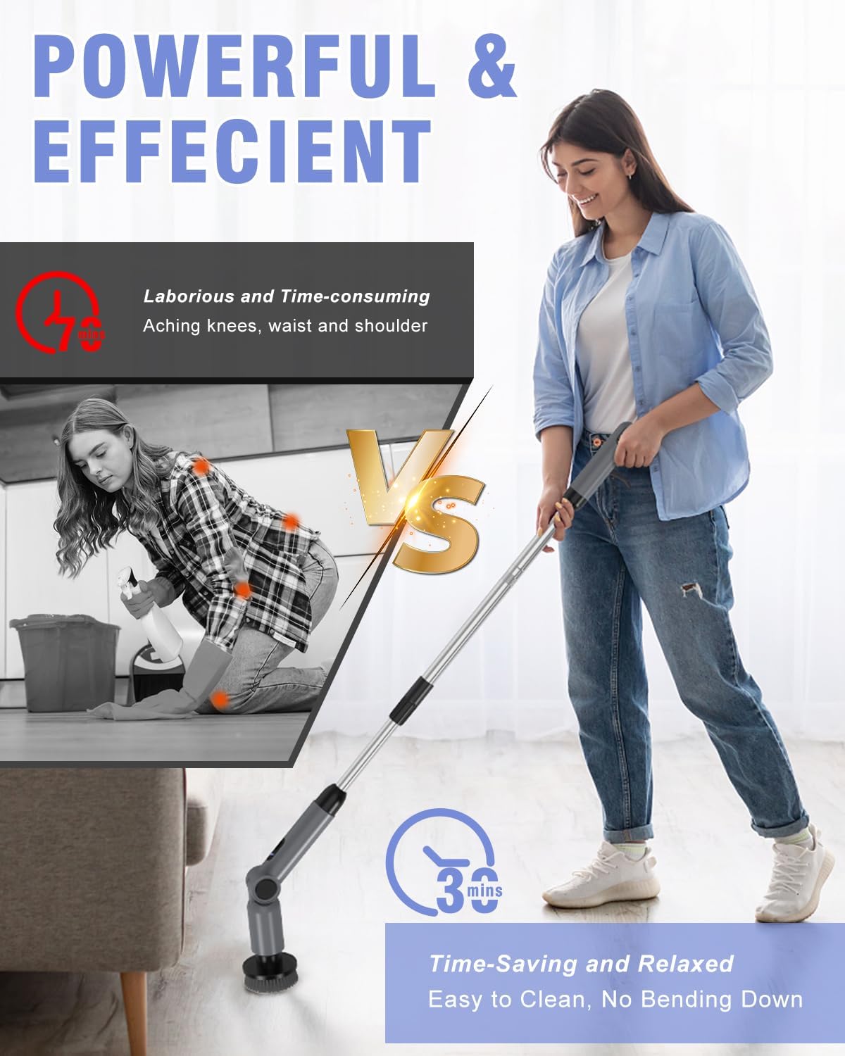 Electric Spin Scrubber, [IPX7 Waterproof ] [50KG Torque] Shower Scrubber with 9 Brush Heads, 2 Speed Mode, 4 Adjustable Angles, Electric Brush for Cleaning for Bathroom Floor Tile (Gray)