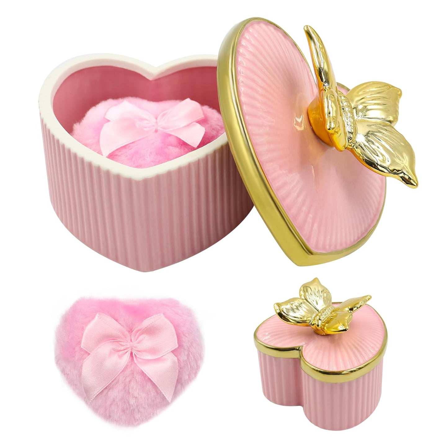 Large Body Powder Puff and Container, Ceramics Dusting Powder Container with 2 PCS Washable Heart Shaped Body Puff, Butterfly Dusting Case for Wet and Dry Makeup (Pink)