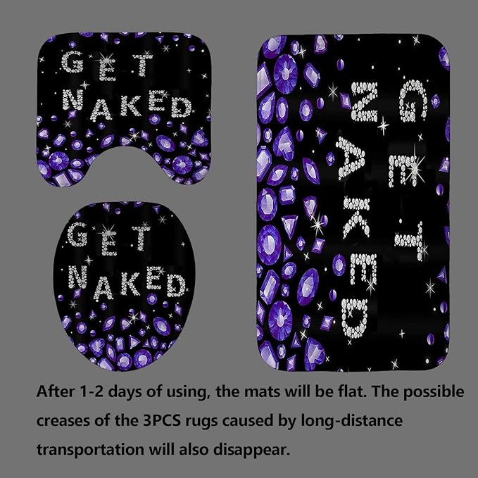 4PCS Luxury Purple Diamond Shower Curtain Set, Bling Rhinestone Gem Crystal Jewelry Teenage Girls Women Bathroom Decor, Waterproof Fabric Black Shower Curtain, Non-Slip Bath Mat Bathroom Rugs