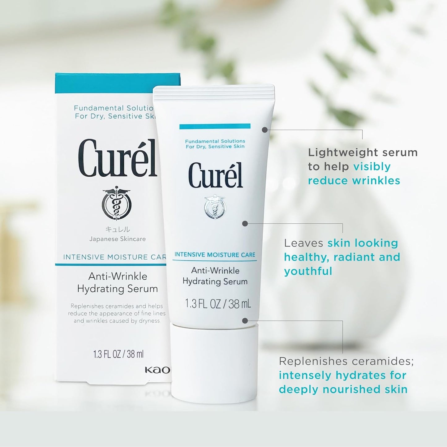 Curel Japanese Skin Care, Anti-Wrinkle Hydrating Serum, Lightweight Serum, Fragrance Free & Colorant Free, For Sensitive Skin, 1.3 Oz