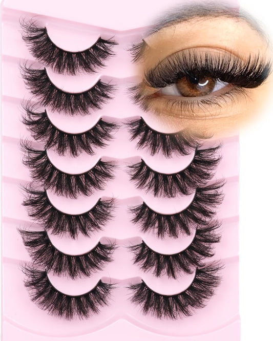 Mink Lashes Fluffy D-Curl False Eyelashes 20mm Long Volume Lashes That Look Like Extensions Cat Eye Fake Lashes Faux Mink Strip Lashes Pack 7 Pairs