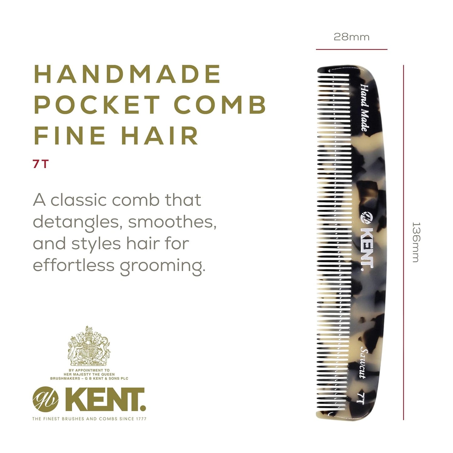 Kent 7T TW All Fine Tooth Pocket Comb for Men - Handmade Hair and Beard Travel Comb for Everyday Grooming and Styling - Saw Cut and Hand Polished for Wet, Dry, Fine or Thinning Hair