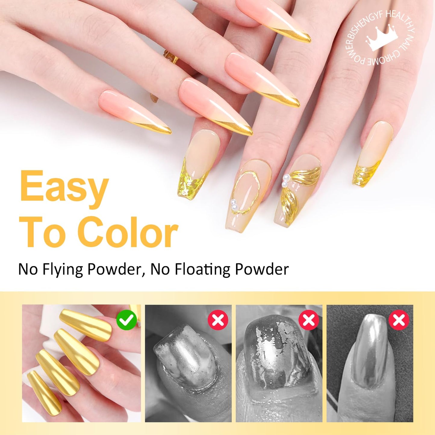 Gold Chrome Nail Powder BISHENGYF: 1g Metallic Mirror Effect Chrome Powder for Nails Manicure Decoration Reflective Pigment Gold Nail Powder for Nail Art Gel Polish Home DIY,Gifts