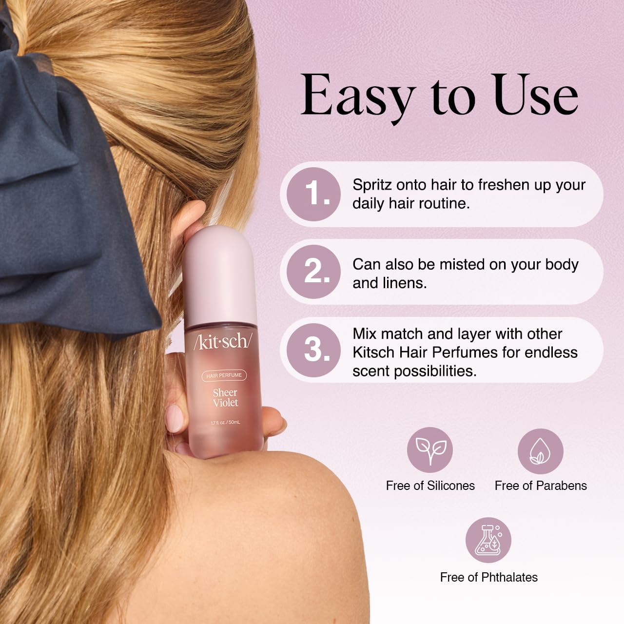 Kitsch Hair Perfume for Women - Sheer Violet | Clean, Deodorizing & Patented Odor-Eliminating Technology Hair Spray & Body Mist - Freshen Hair, Body & Pillows - Raspberry, Soft Musk Scent - 50mL