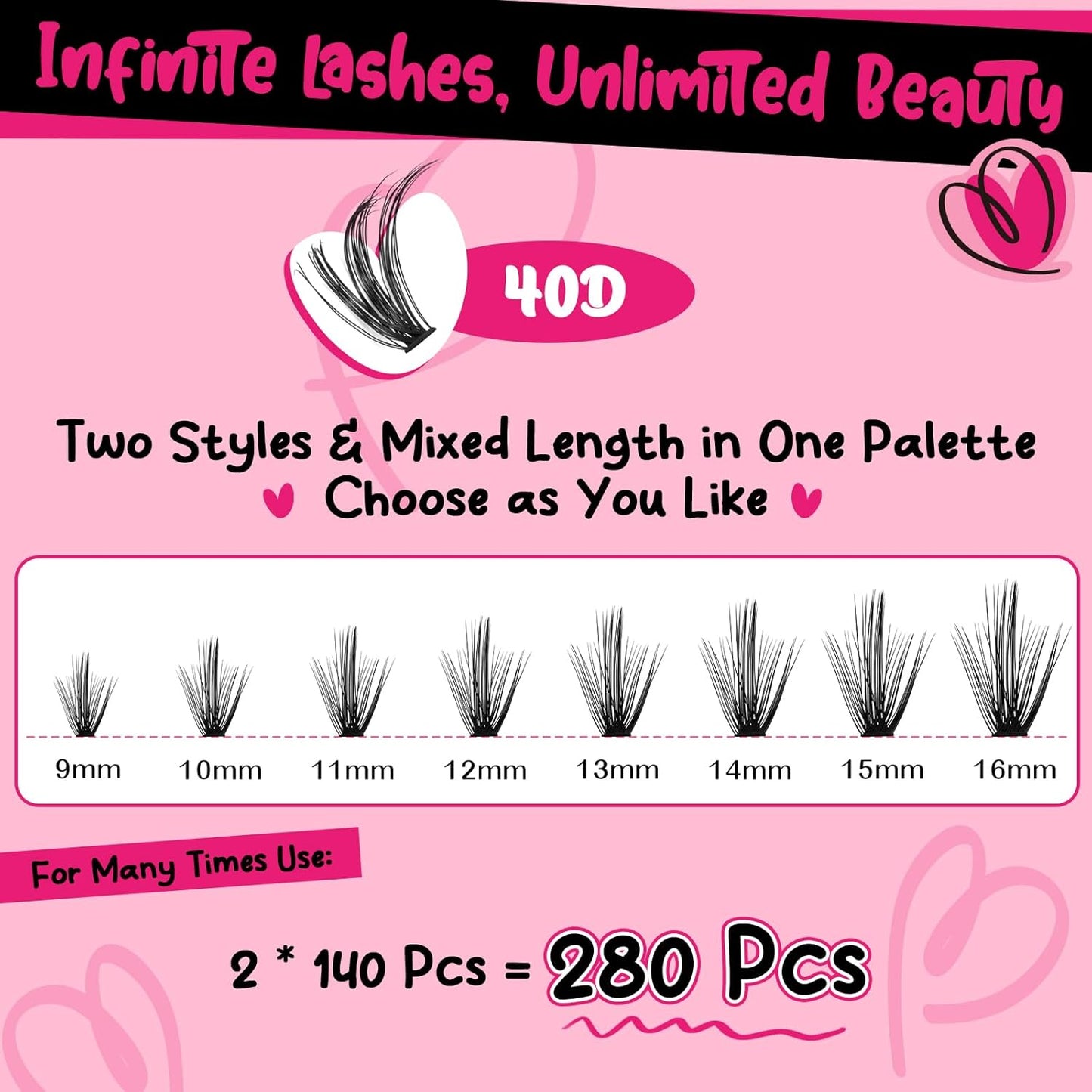 Lash Clusters Kit 280pcs Lash Clusters D Curl Eyelash Extension Kit Individual Lashes with Lash Bond and Seal Lash Remover Lash Applicator Easy to Apply at Home(40D-9-16mix Kit)