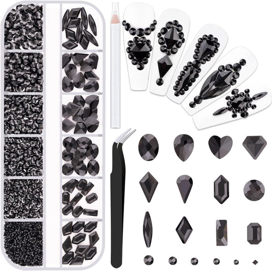 2060Pcs Black Glass Nail Rhinestones 60Pcs Multi Shapes Flatback Nail Gems + 2000Pcs 1.5-4mm Round Crystal, Manicure Nail Charms Diamond Gemstones for Acrylic Nails Decoration