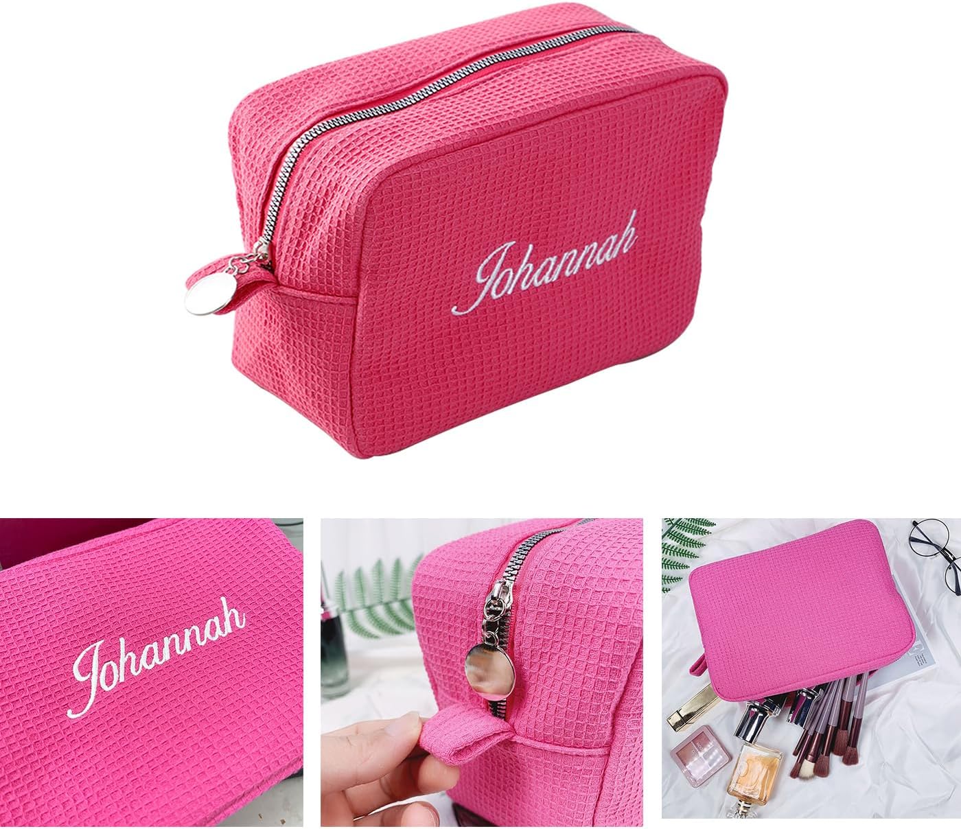 GOPHIE Personalized Embroidered Makeup Bag,Custom Waffle Fabric Cosmetic Pouch for Women, Travel Makeup Pouch (6, Hot Pink)