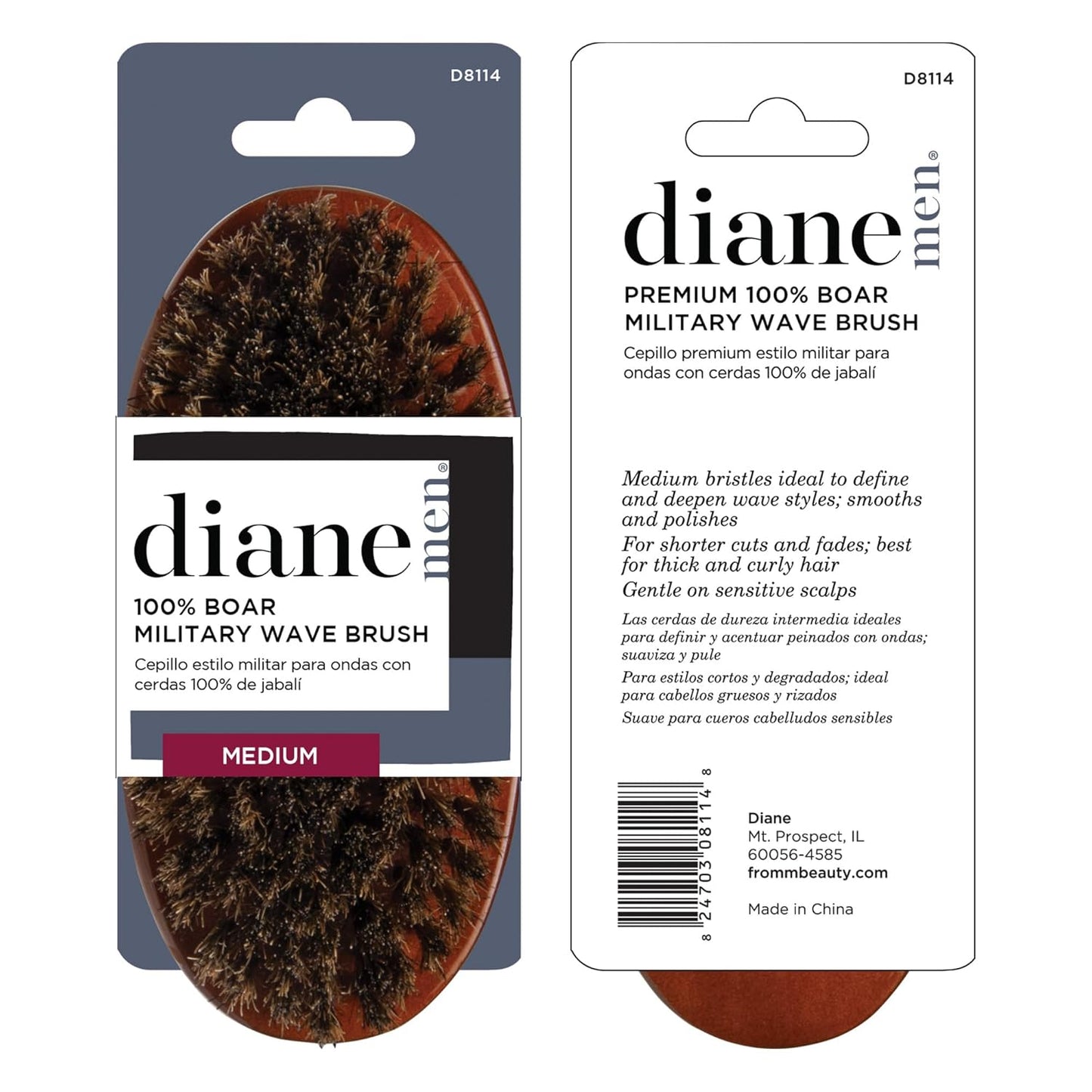 Diane Premium 100% Boar Bristle Military Wave Brush for Men and Barbers, Medium-Firm Bristles for Thick Coarse Hair, Detangling, Smoothing