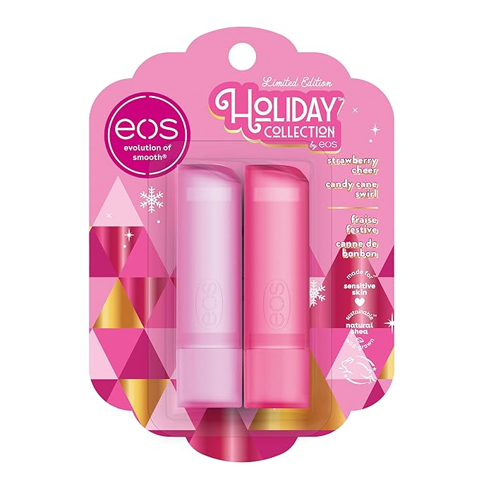 eos Holiday Lip Balm Gift- Strawberry Cheer & Candy Cane Swirl, Stocking Stuffers, All-Day Moisture Lip Care, 0.14 oz, 2-Pack