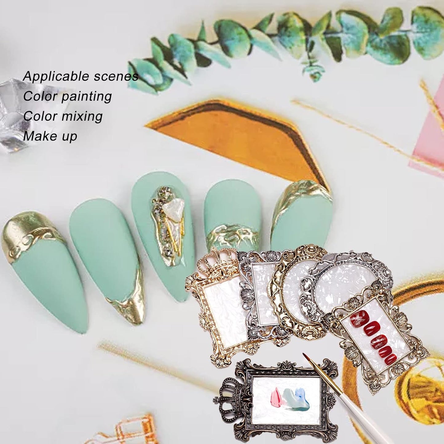 2pcs Resin Nail Art Palette, Nail Art Painting Palette Gold Silver Copper Mixed Color Vintage Photography Props Nail Gel Color Makeup Display Board Nail Art Cosmetic Mixing Tools