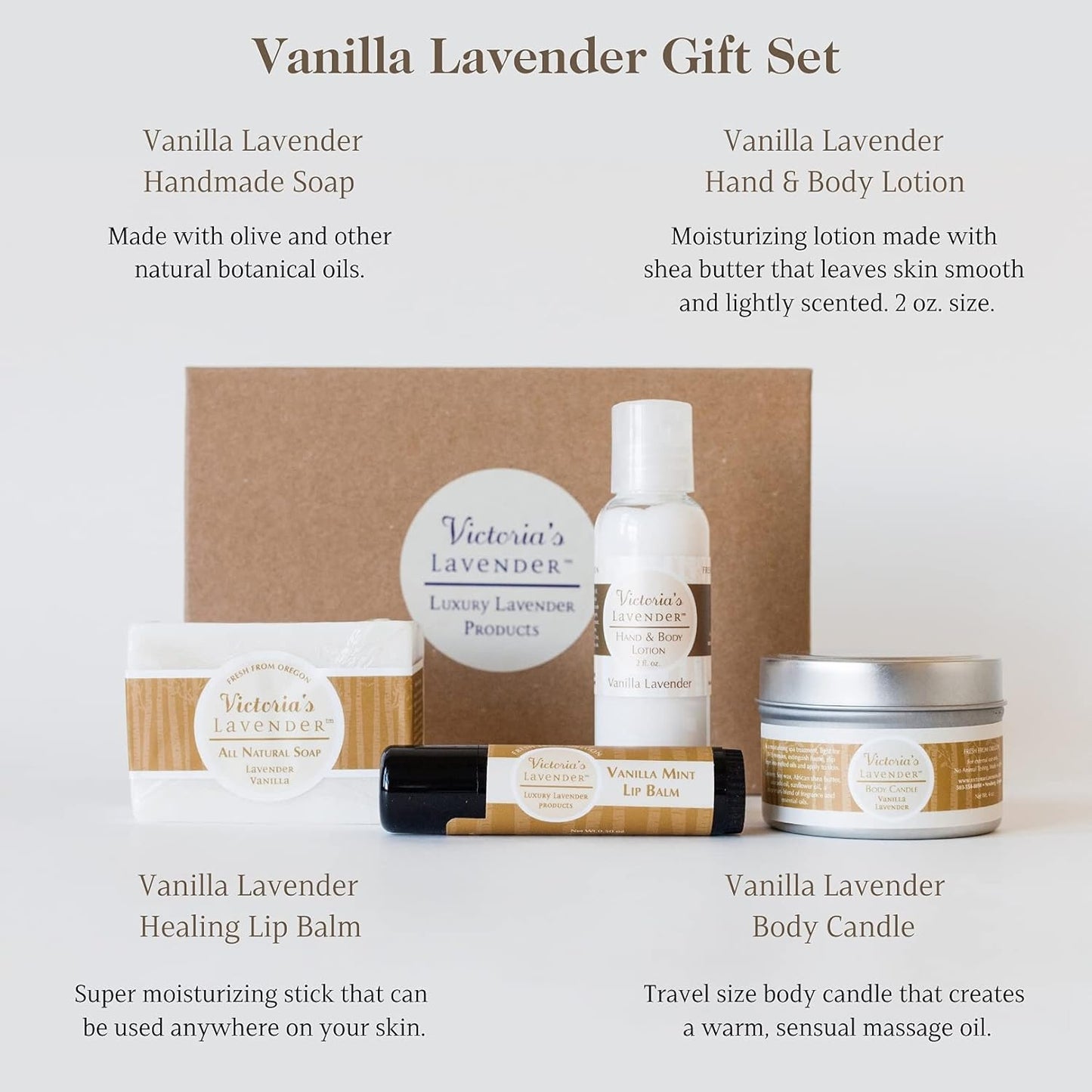 Victoria's Lavender Natural Body Products Gift Set - Handmade Soap, Hand & Body Lotion, Lip Balm, Body Candle Skin Care Sets & Kits, Lavender Bath and Body Products for Women, Vanilla Lavender