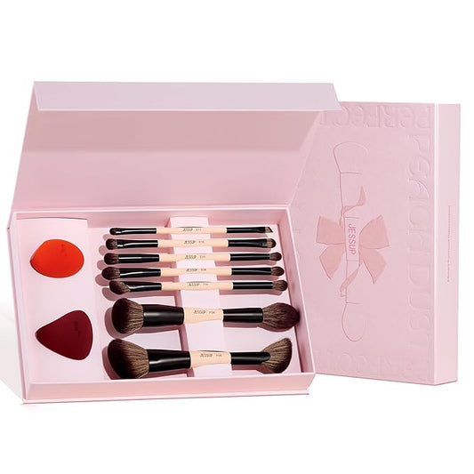 Jessup Makeup Brushes Set with Makeup Sponge, 7pcs Double Sided Makeup Brushes for Foundation Concealer Blush Eyeshadow Contour Bronzer Powder Blending Eyebrow Eyeliner with Gift Box, T506