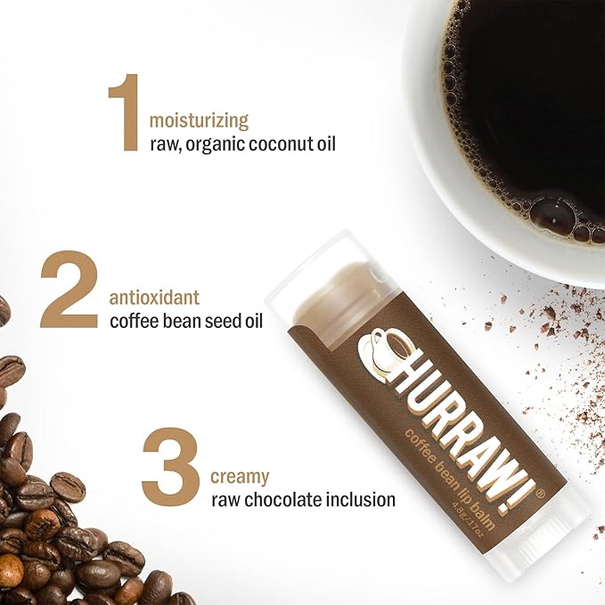 Hurraw! Coffee Bean Lip Balm: Organic, Certified Vegan, Cruelty and Gluten Free. Non-GMO, 100% Natural Ingredients. Bee, Shea, Soy and Palm Free. Made in USA