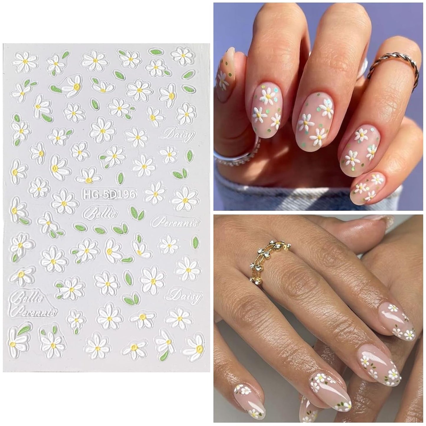 Flower Nail Art Stickers 7 Sheets 5D Nail Decals Spring Summer Nails Art Design 3D Self-Adhesive Supplies White Yellowe Daisy Flower Nails Decoration for Women DIY Design