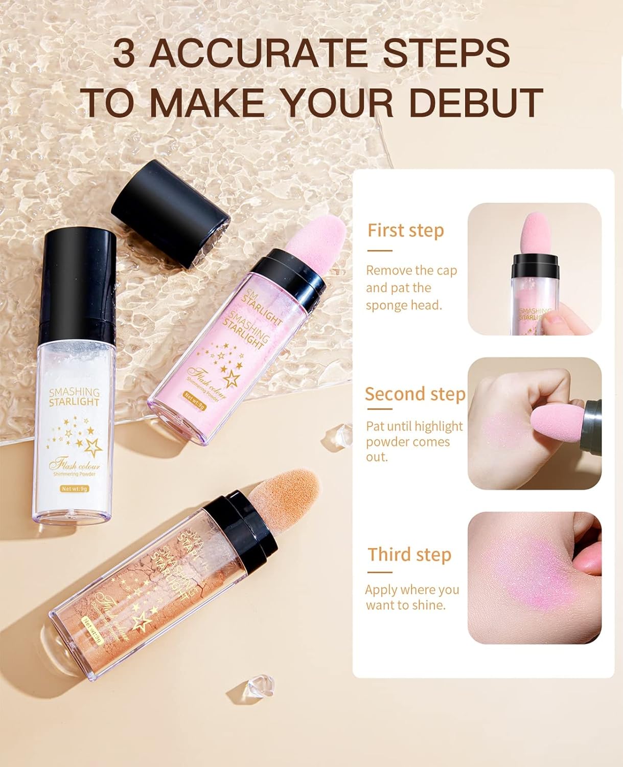 Fairy Highlight Puff Stick Highlight Patting Powder - Multi-Functional Shimmer Powder for Illuminating and Brightening Your Face and Body (#03 Gold Brown)