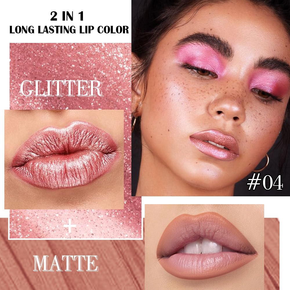 Rose Gold Metallic Lip Liner and Lipstick Combo Lip Gloss Tints Stain Set Makeup for Women Long Lasting Waterproof 24, Light Pink Metallic Glitter Shimmer Iridescent Liquid Lipstick lippies Lip Gloss