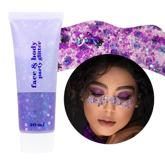 DAGEDA Body Glitter Gel, Face Glitters Body Gel Sequins Shimmer Liquid Eyeshadow, Chunky Glitter for Face Hair Nails, Holographic Cosmetic Laser Powder Festival Glitter Makeup1.7oz (Violet)