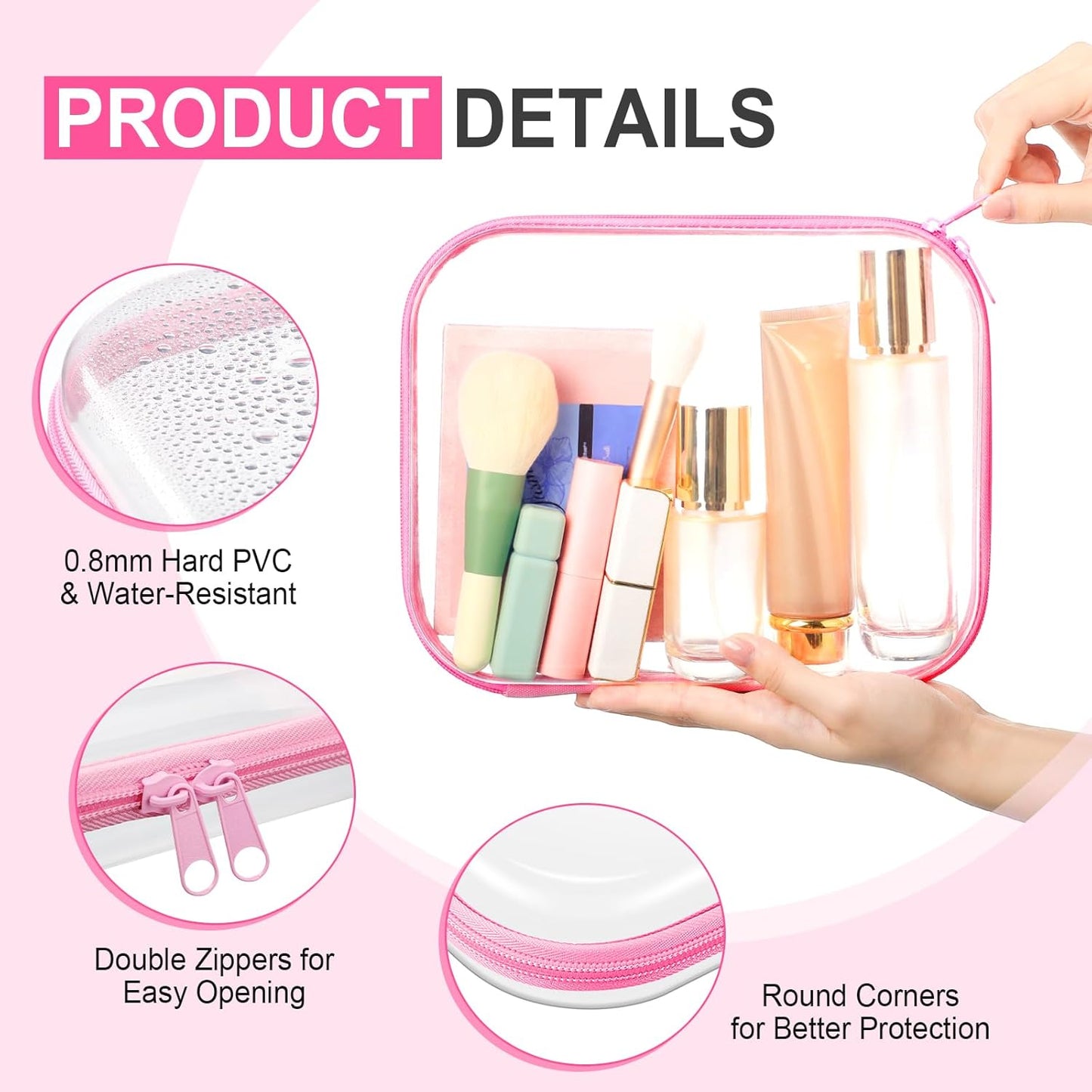 Hoolerry 4 Pcs Hard Clear Zipper Case Makeup Bags Plastic Pencil Pouch Transparent Storage Box Containers for Cosmetics, Snacks, Building Blocks, Puzzles(Pink,9.8 x 7.9 x 2 in)