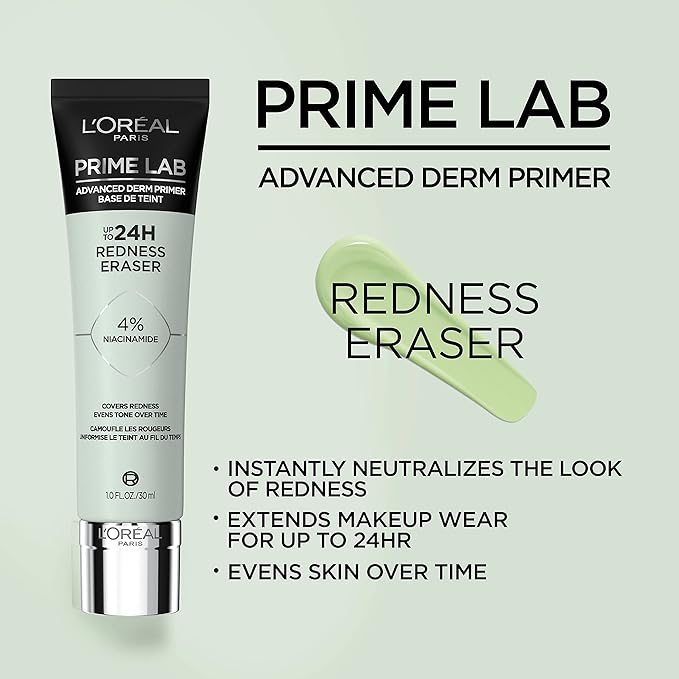 L'Oreal Paris Prime Lab Up to 24H Redness Eraser Face Primer Infused with Niacinamide to Reduce Face Redness and Extend Makeup Wear, 1.01 Fl Oz