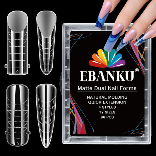 EBANKU Clear Matte Poly Gel Nail Forms 4 Styles, 96PCS Dual Nail Forms Full Cover Nail Mold Tips Acrylic Nail Extension Tools 12 Sizes Scale for Poly Gel Nail Art Salon Nails Design