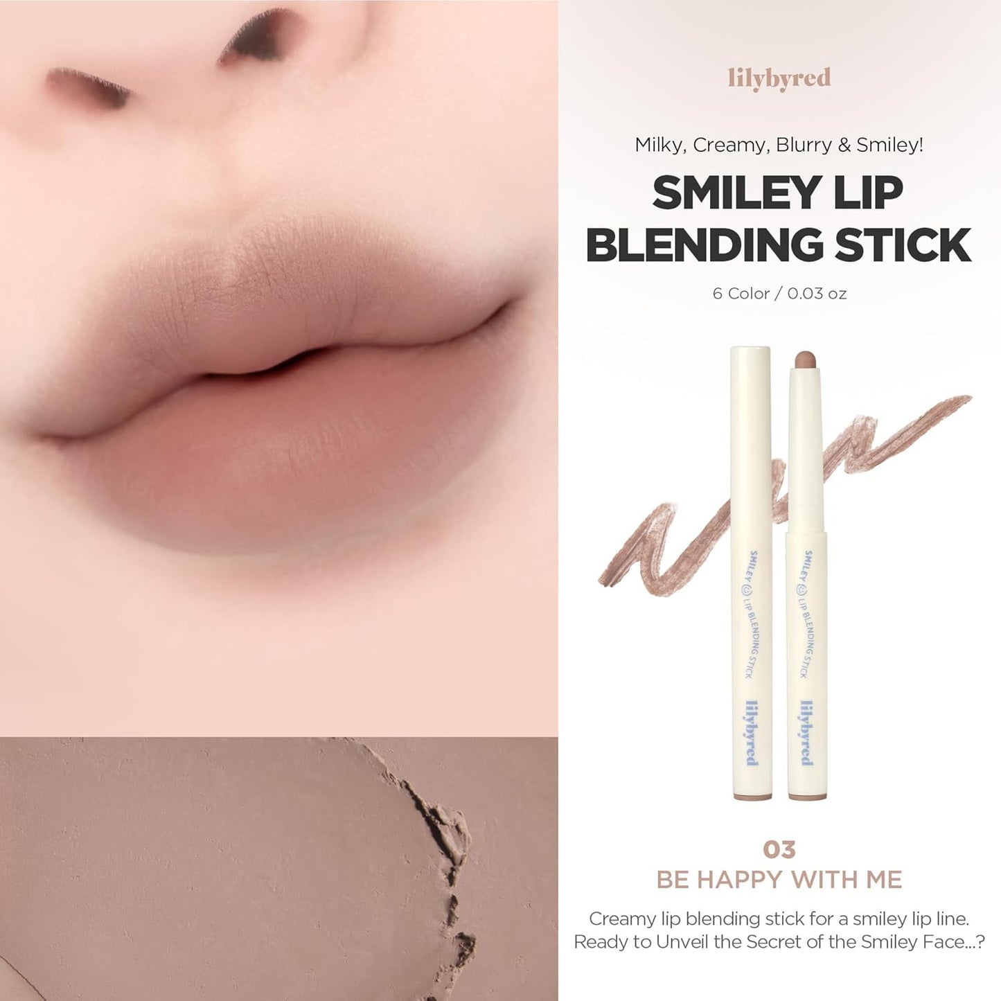 lilybyred Smiley Lip Blending Stick | Korean 3-in-1 Multi-Use Lip Liner, Smooth Creamy Texture, Long-Lasting Matte Finish, Soft Blur Effect, Precision Contour Pencil, 0.028 oz. (03 Be Happy with Me)