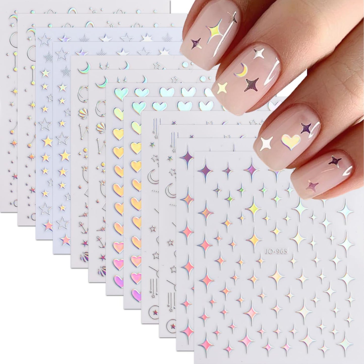 12 Sheets Aurora Nail Stickers for Nail Art 3D Self Adhesive Moon Star Nail Art Stickers Aurora Nail Decals Glitter Holographic Nail Design Heart Nail Art Supplies DIY Manicure Decorations for Women
