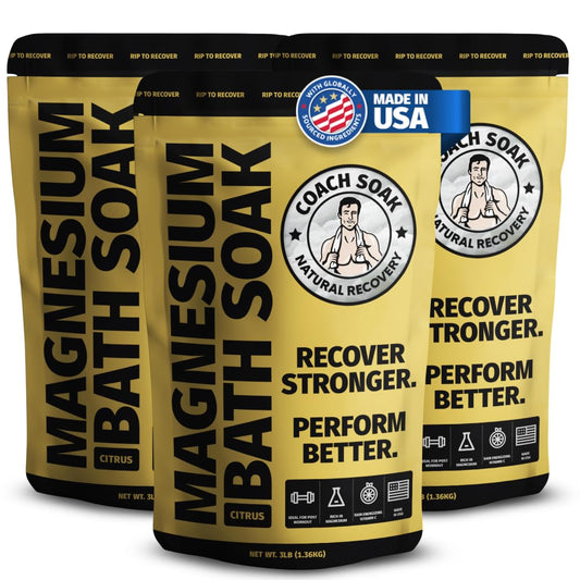 Coach Soak Recovery Bath Soak - Alternative to Epsom Salt Bath Soak - Fast-Absorbing Pure Magnesium Flakes with 21 Minerals, Bath Salts & Essential Oils - 9 lb (Pack of 3)