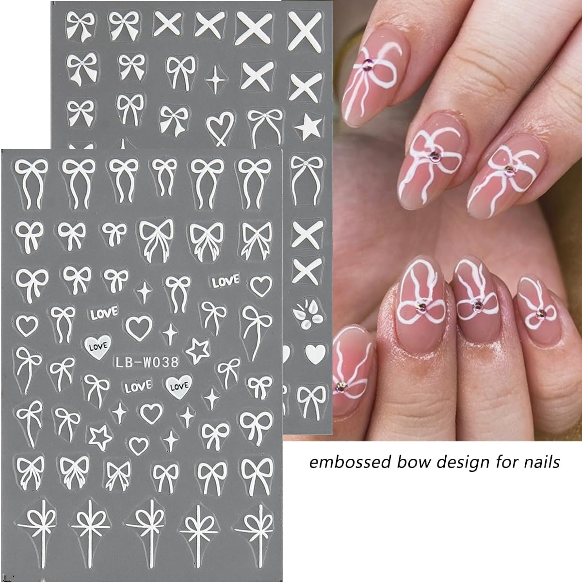 5D Embossed Bow Nail Stickers, 5 Sheets Self-Adhesive Pink White Ribbons Nail Decals, Valentines' Day Nail Art, Heart Nail Charms, Cute Cartoon Pop Art Stickers, Pegatinas para Uñas