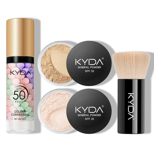 KYDA Mineral Makeup Kit, Includes SPF 50 Color Correcting Primer, SPF 35 Loose Powder Foundation + Translucent Loose Setting Powder, Foundation Brush, Makeup Starter Set, Travel Size - Fair Light
