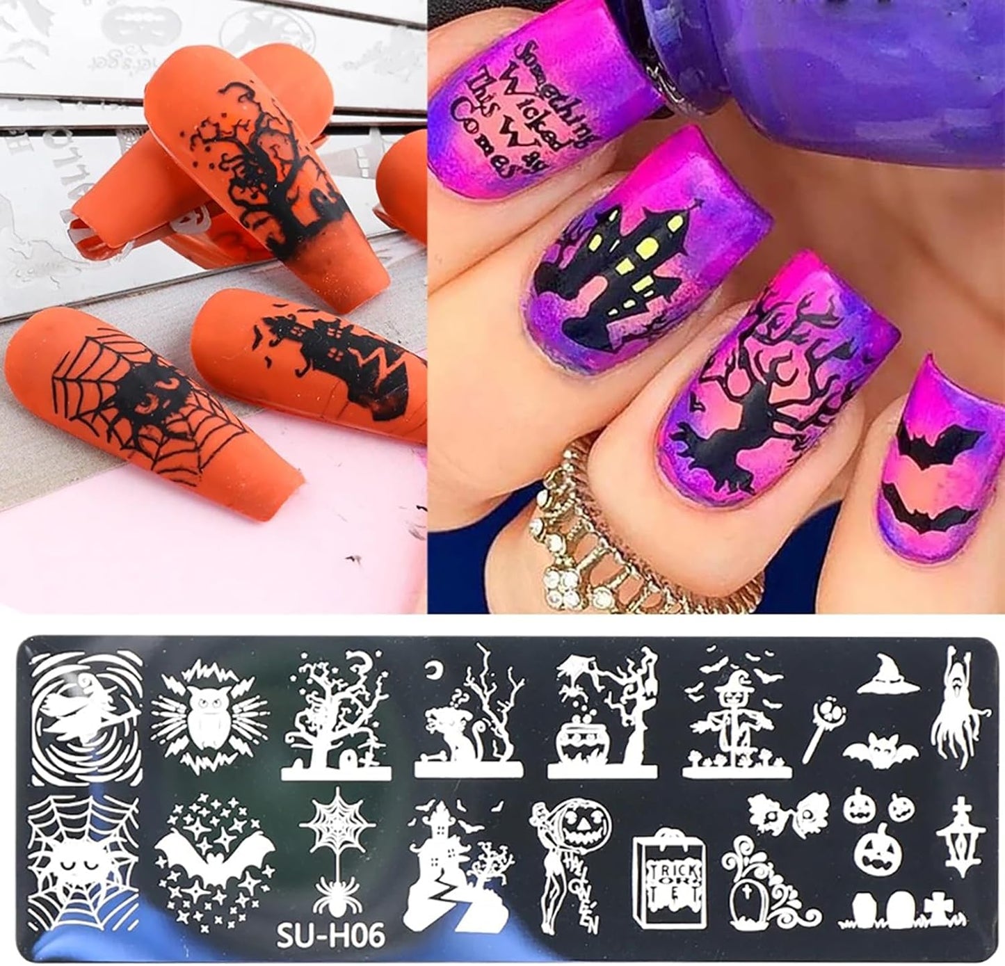 Halloween Nail Stamping Plate Art Stamping Kits DIY Printing Tools with Pumpkin Bat Witch Spider Owl Ghost Face Design Fashion Nail Stamp Art Decoration for Women 6Pcs