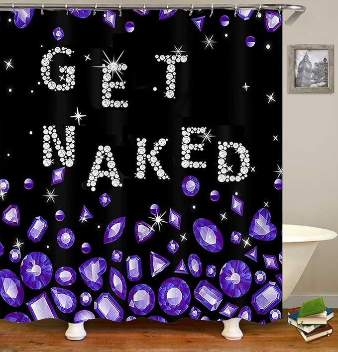 4PCS Luxury Purple Diamond Shower Curtain Set, Bling Rhinestone Gem Crystal Jewelry Teenage Girls Women Bathroom Decor, Waterproof Fabric Black Shower Curtain, Non-Slip Bath Mat Bathroom Rugs