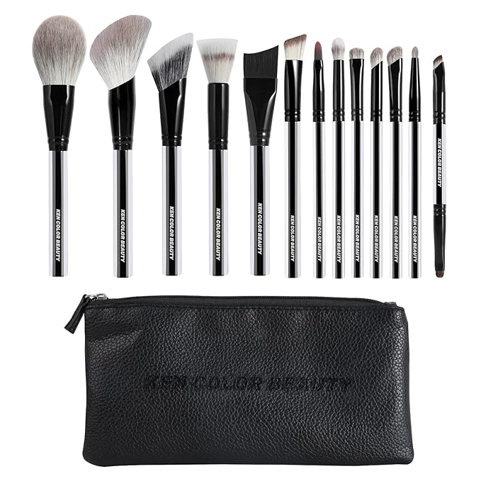 KENCOLOR Premium 13-Piece Makeup Brush Set with PU Travel Pouch – High-End Acrylic Handle, Soft Synthetic & Natural Bristles, Dense & Non-Absorbent, for Flawless Application