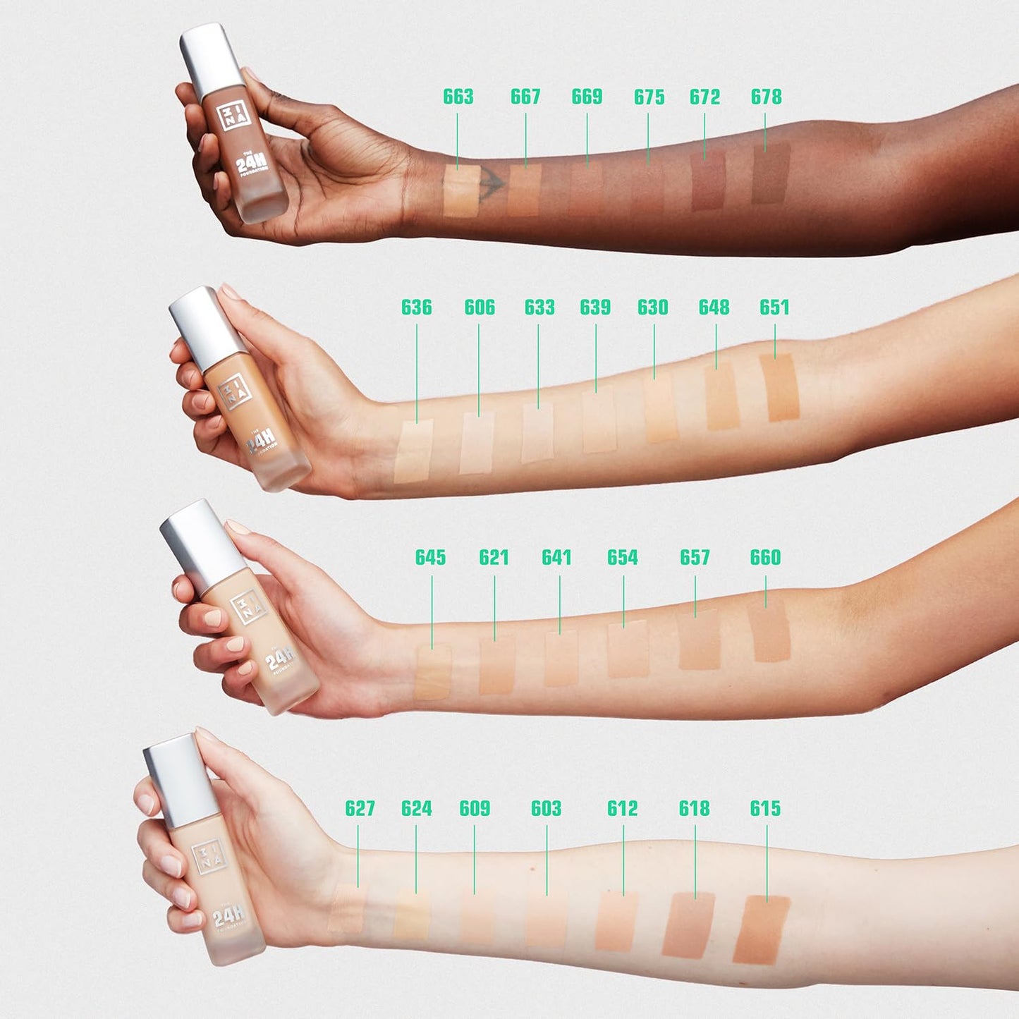 3INA The 24H Foundation 627-24H Long-Wearing Formula - Medium To High Buildable Coverage - Smooth Matte Finish - Expanded Shade Selection - Waterproof, Cruelty Free, Vegan Makeup - 1.01 Oz