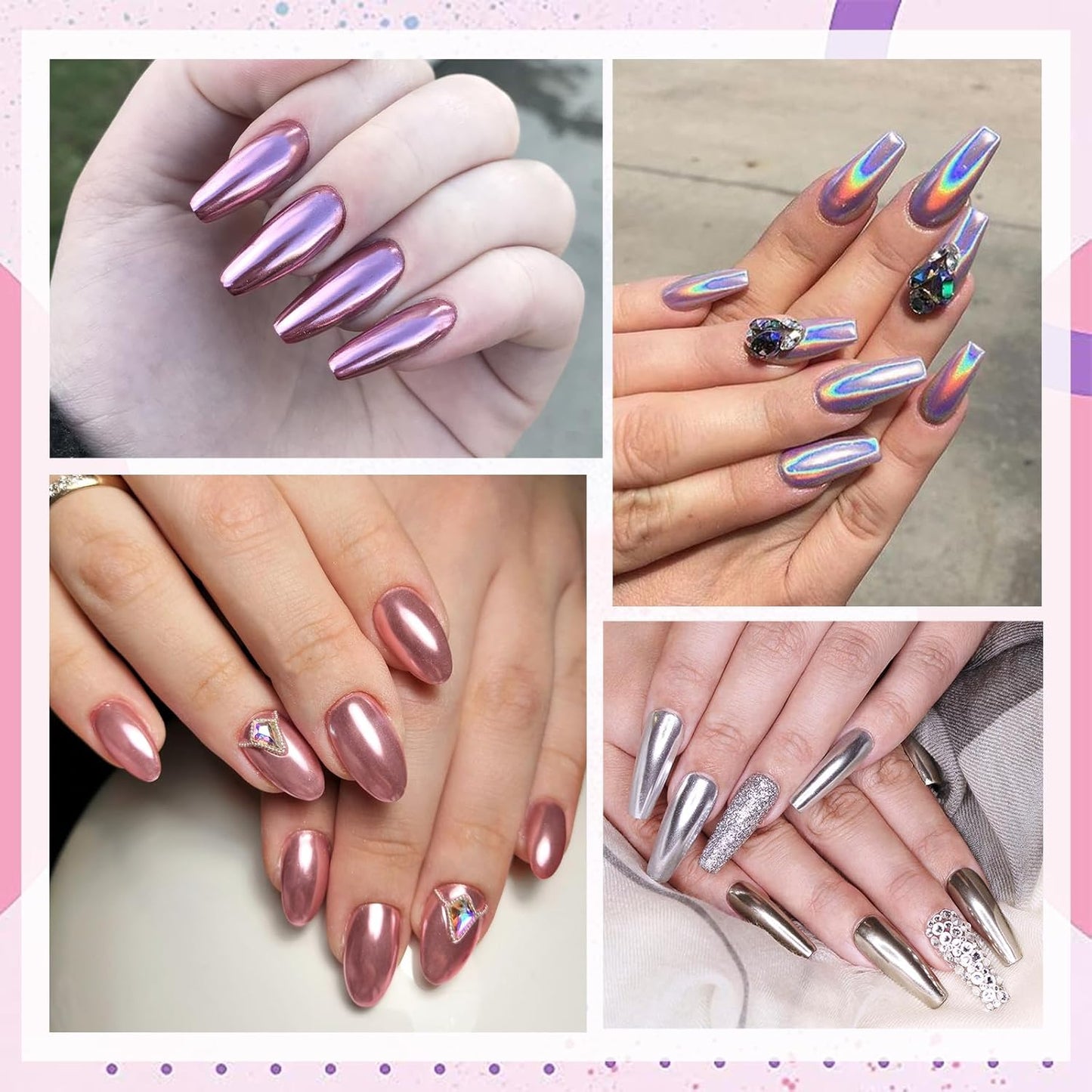 6 Pcs White Chrome Powder, Pearl Effect Nail Powder Shell Nail Glitter Dust Nail Powder with Magic Mirror Effect for Nail Art Design Decoration