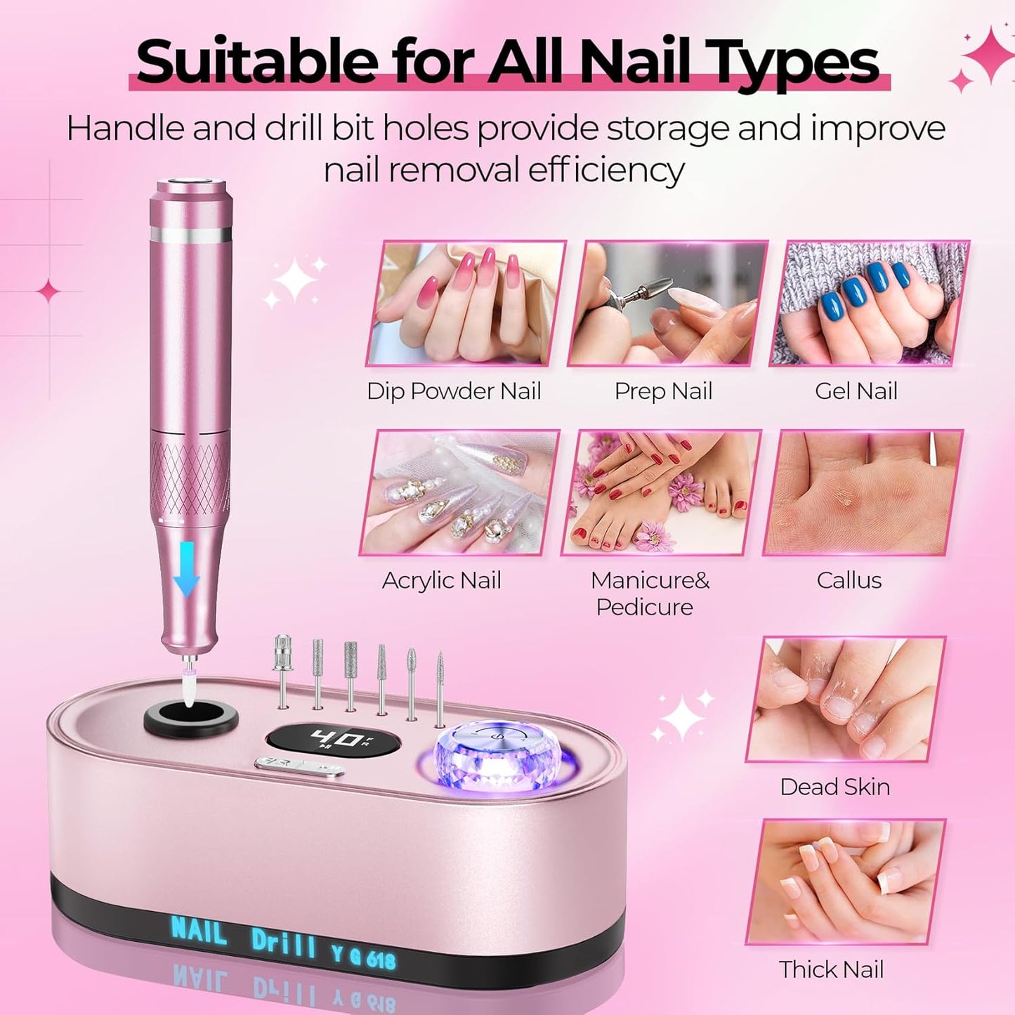 Electric Nail Drill Professional: 40000RPM Electric Nail File Kit E File Nail Drill Machine with LCD Display for Acrylic Gel Nail, Manicure Pedicure Polishing Nail Grinder for Salon Home Use