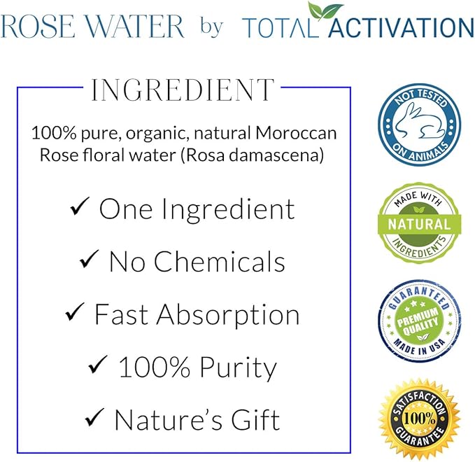 Large 4 oz 100% Pure, Organic Moroccan Rose Water Spray Face Toner, Skin Body Hair Spray, Eye Makeup Remover Alcohol Free Toner Minimizes Scar Hydrating Soothing Mist for Dry Oily Combination Skin