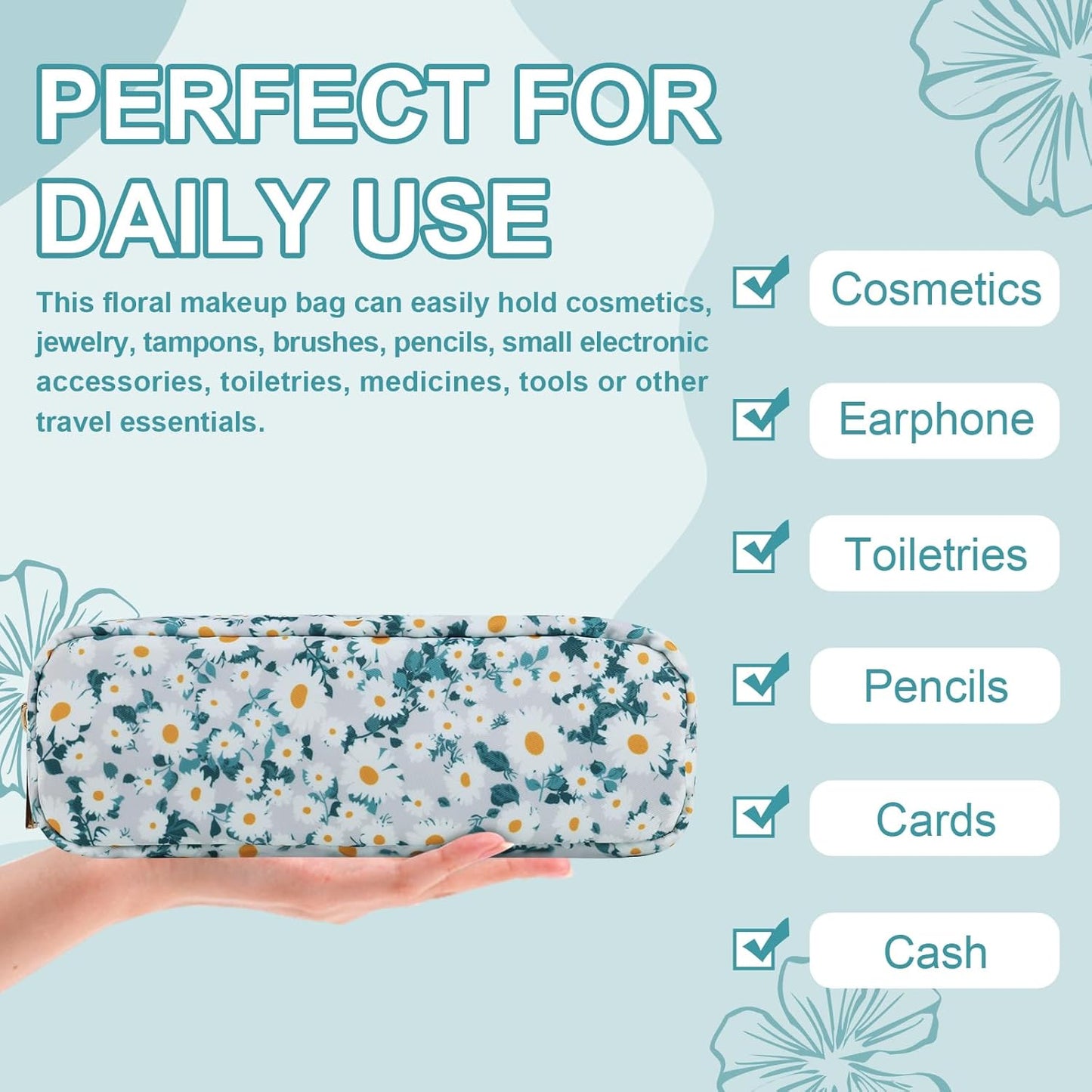Waterproof Small Floral Pencil Case Makeup Bag for Purse,Cute Flower Pencil Pouch Preppy Nylon Makeup Brush Holder with Zipper,Girls Portable Storage Case for Work(Slim Green-Daisy)