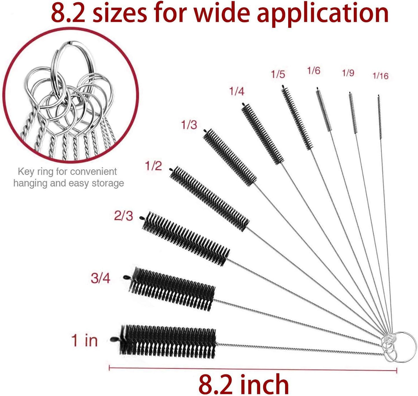 Long Straw Brush, Nylon Pipe Tube Cleaner 8.2-ihch 10 Different Diameters Set of 10