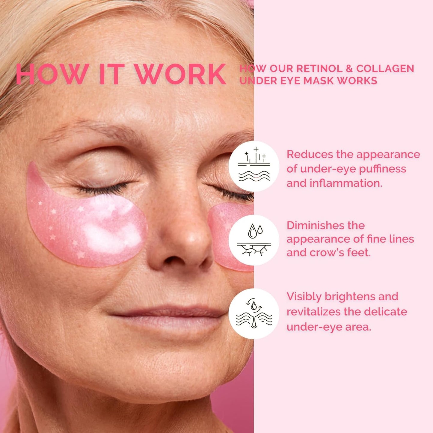 Enaskin Naturals Brightening Eye Masks: 30 Pairs Caffeine Under Eye Patches for Dark Circles and Puffiness w/Hyaluronic Acid - Skin Treatment Pads For Face Reduce Wrinkles & Bags (Rose)