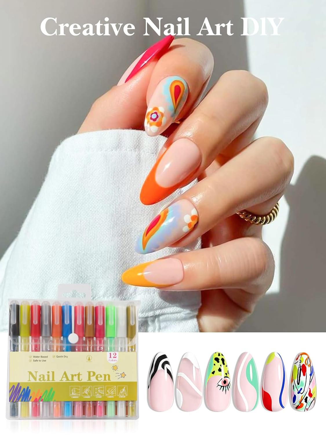 EBANKU 12 Colors Nail Art Pens Set Nail Polish Pens Quick Drying 0.7MM 3D Acrylic Paint Pens Clear Handle Point Liner Pen Drawing Painting Tool for Home DIY Nail Art Design (Set A)