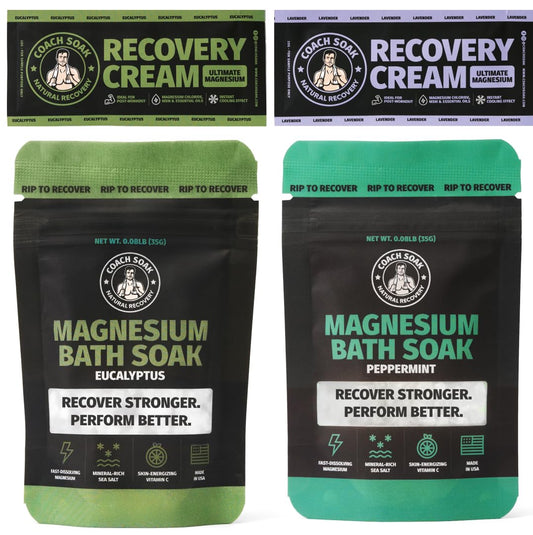 Coach Soak Magnesium Bath Flakes Mint & Lotion Trial Pack - Absorbing Magnesium Cream with Menthol - 0.18 lb (4 Pack) - Mixed Scents