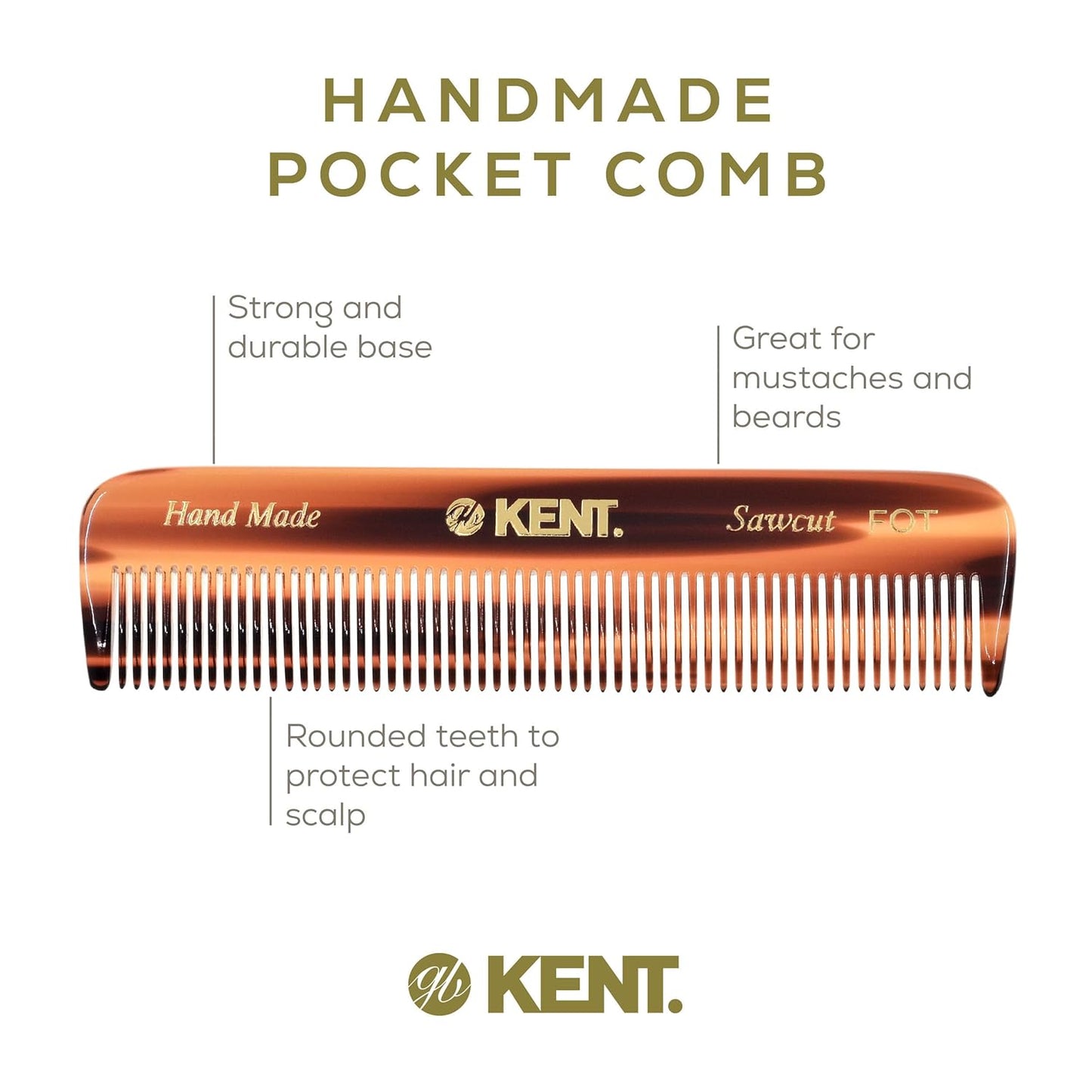 Kent A FOT Tortoise Fine Tooth Handmade Pocket Comb for Men, Women and Kids, Hair Comb Straightener for Everyday Grooming and Styling, Beard and Mustache, Saw Cut and Hand Polished, Made in England