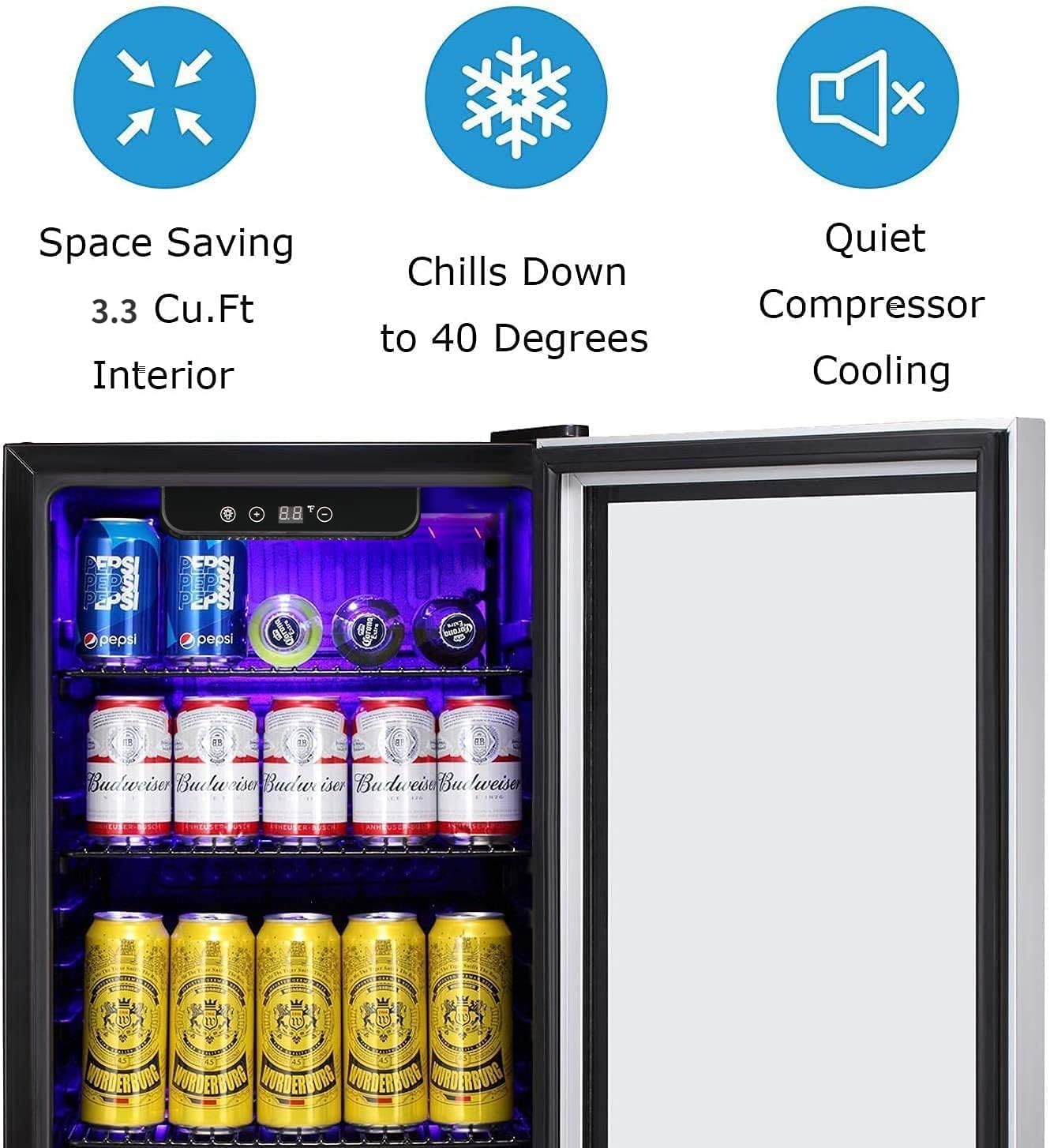Antarctic Star Beverage Refrigerator -125 Can Mini Fridge for Soda Beer or Wine, Stainless steel door frame, for Office or Bar with Adjustable Removable Shelves, Black, 3.3 Cu.Ft