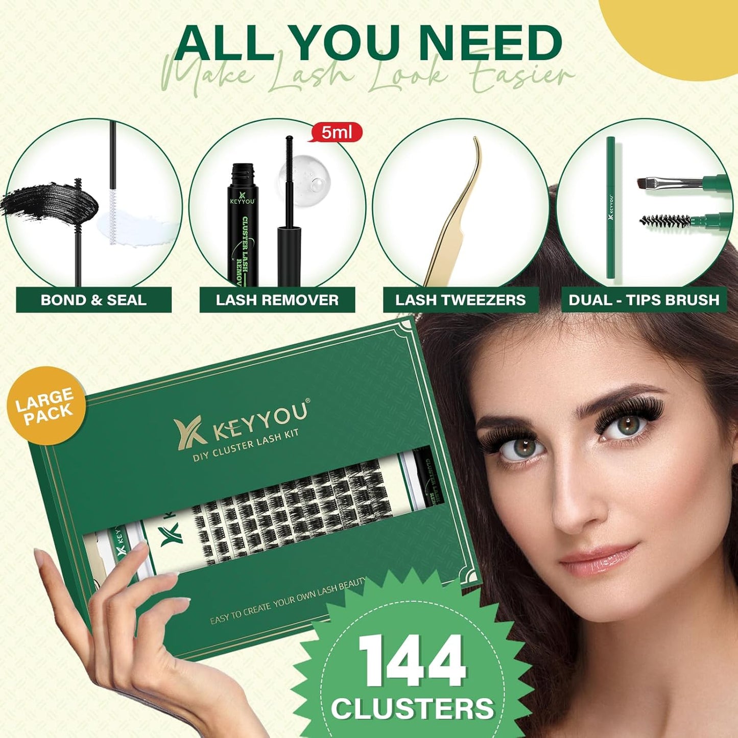 DIY Lash Extension Kit KEYYOU 144pcs Lash Clusters Eyelash Extension Kit with Mascara Brush Bond and Seal Lash Remover Lash Applicators Lash Brush for DIY Lash Extensions (Y12 Kit)