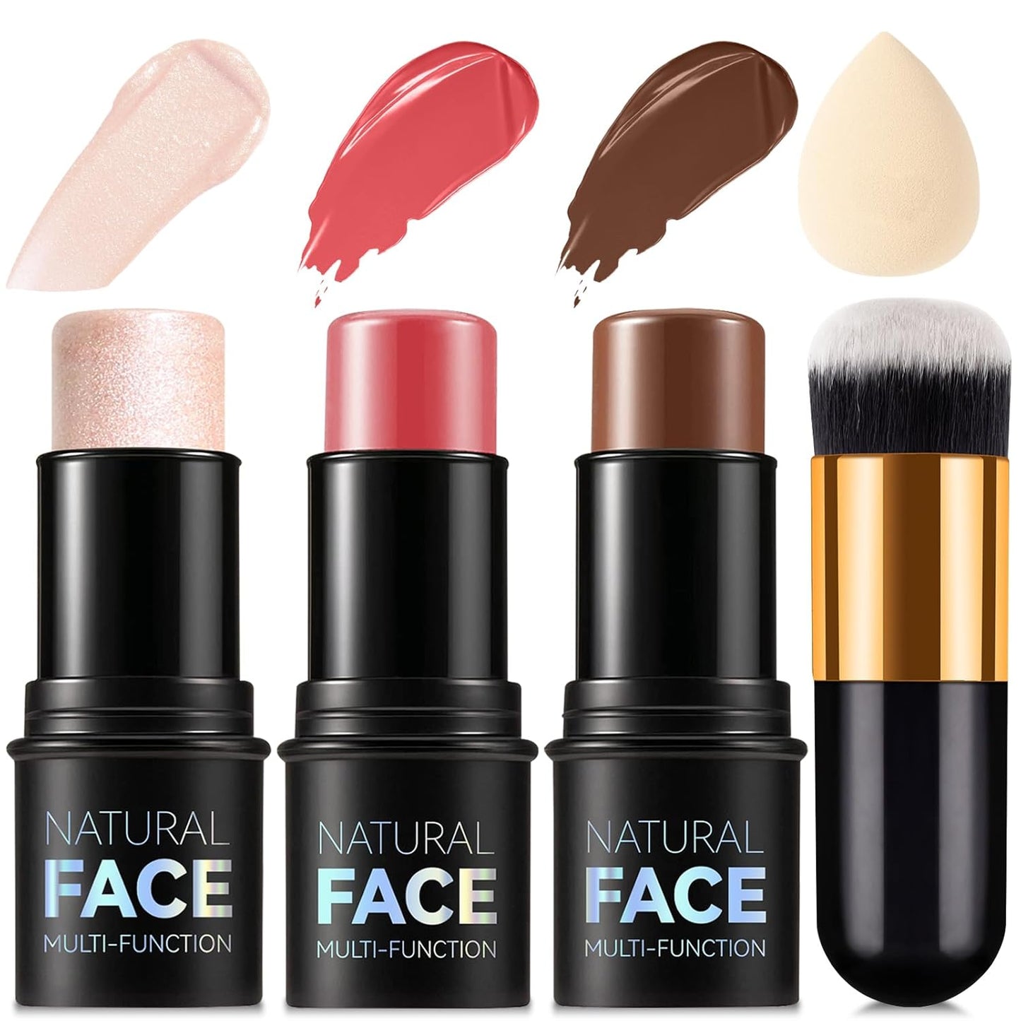 3 Pcs Contour Stick, Highlighter Stick, Blush Stick, Cream Contour Kit with Contour Brush, Create Face Contour, Non-greasy, Waterproof Long-lasting Effect for Women (2+5+6,LIGHT MEDIUM)