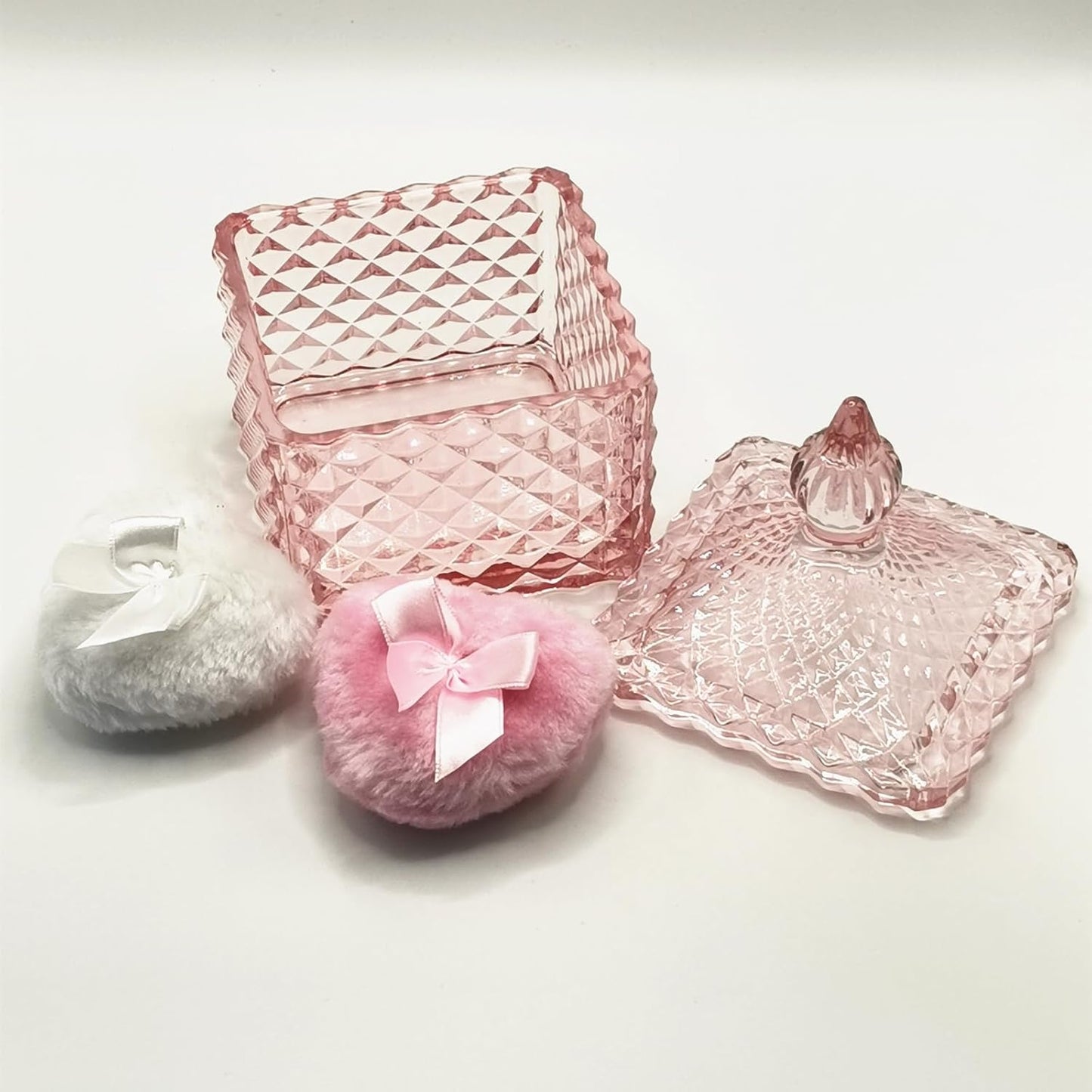 Body Powder Puff and Container - Glass Dusting Powder Container with 2 Soft Puffs Vintage Powder Puff Case for Women & Girls (3.93x3.93x5.9 H in)-GRB009-Pink