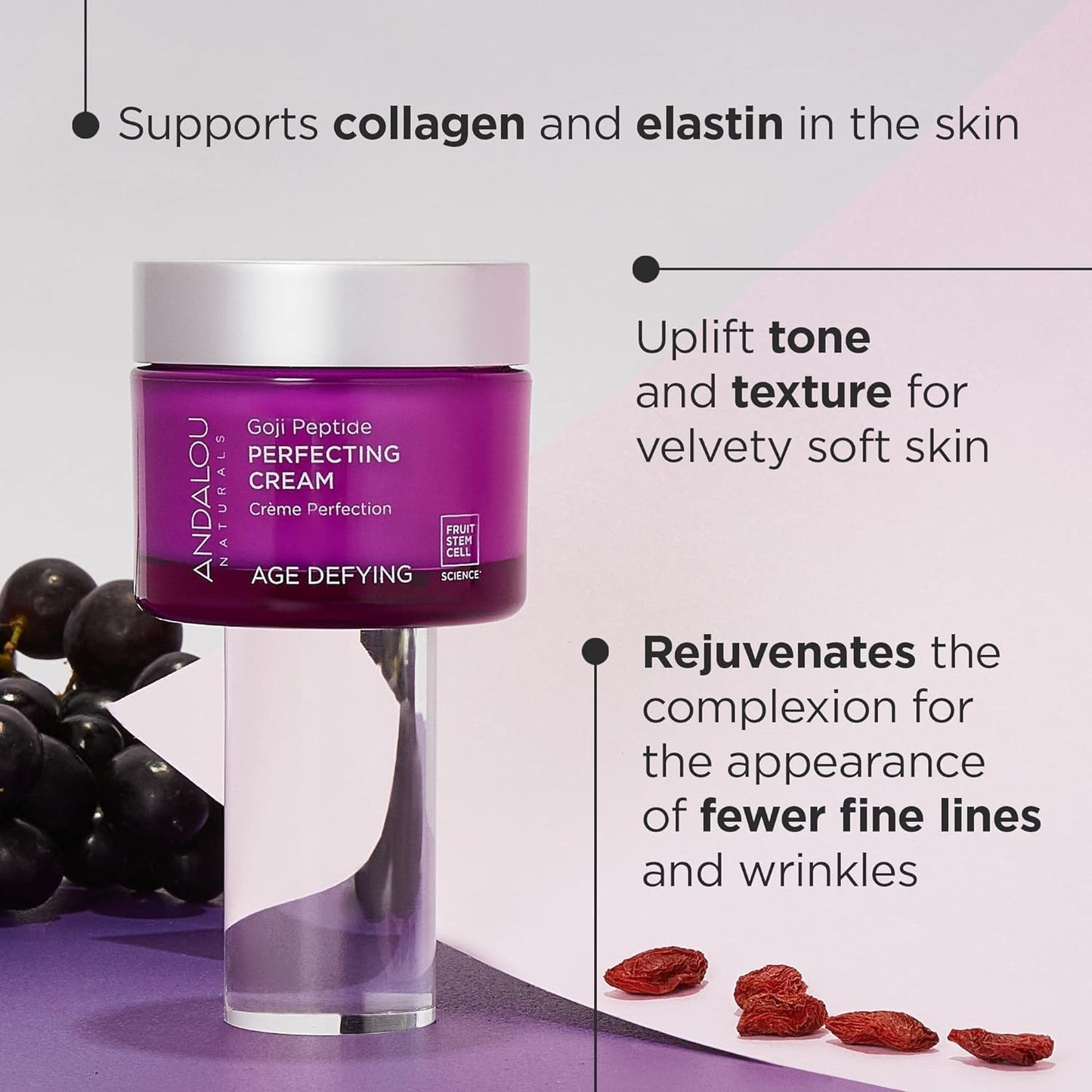 Andalou Naturals Goji Peptide Perfecting Cream - Age Defying Face Moisturizer with Resveratrol, CoQ10 - Supports Skin Collagen and Elastin, Improves Appearance of Wrinkles & Signs of Aging - 1.7 fl oz