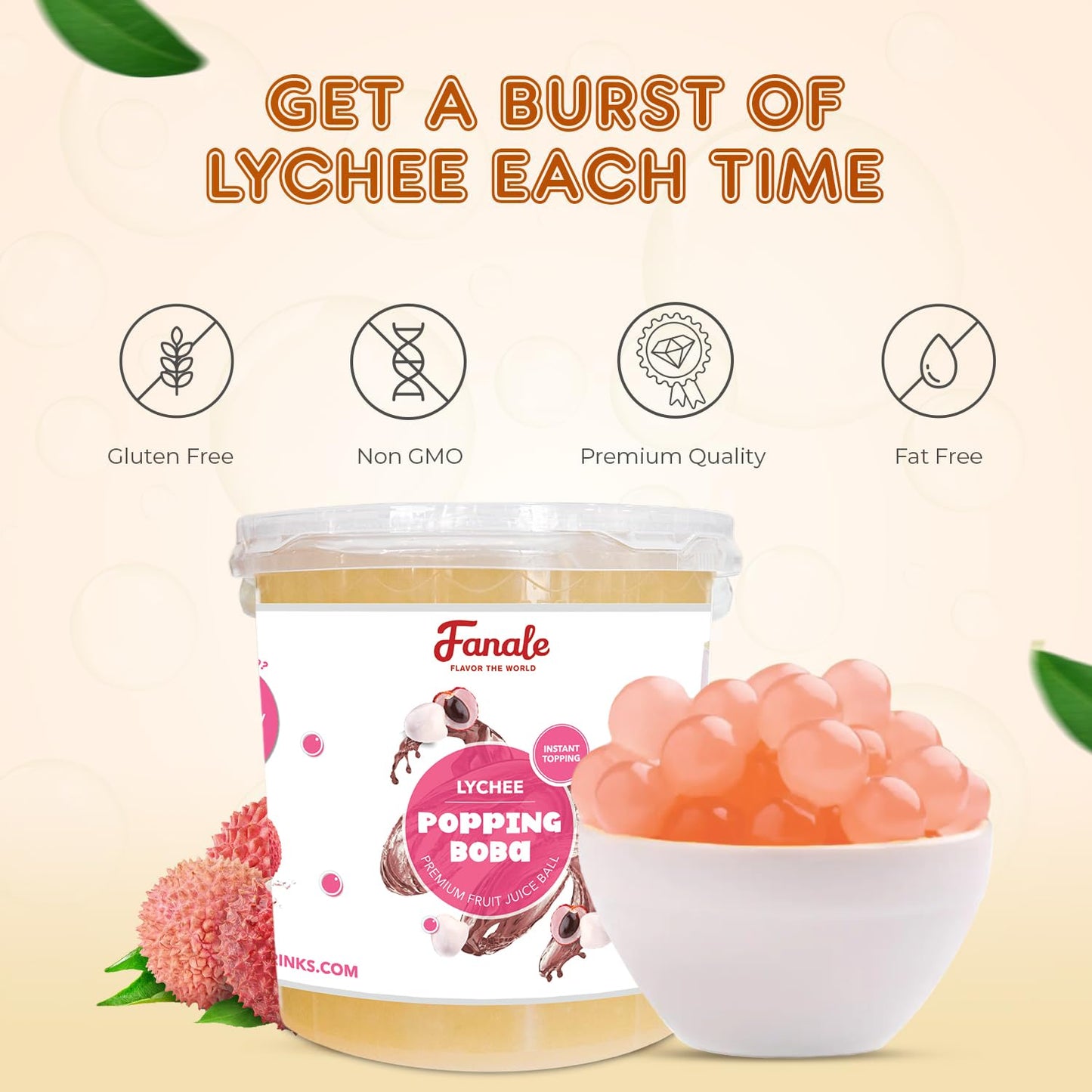 Fanale Lychee Popping Boba Pearls, Vegan, Non GMO, Gluten Free, Fat Free, Perfect for Bubble Tea, Smoothies, Ice Cream, Desserts, and Beverages.