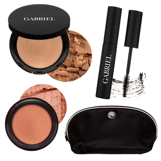 Gabriel Cosmetics About Face Set- Dual Powder Foundation (Tan Beige), 3-in-1 Multi Pot (Magnolia), Mascara (Black) and Gabriel Makeup Bag (Tan Beige Set)