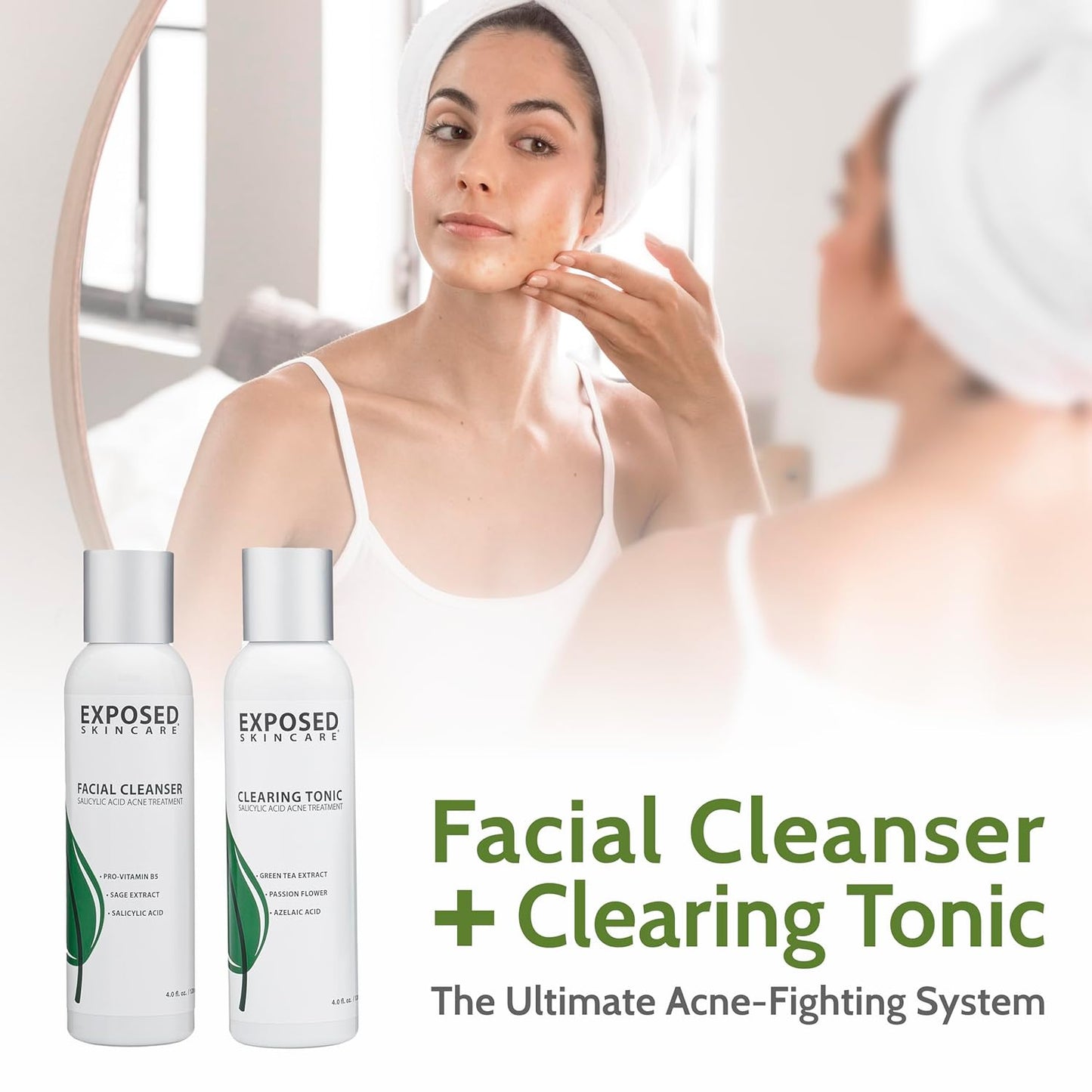 Exposed Skin Care Basic Acne Treatment Kit - Includes Salicylic Acid Face Wash, Clearing Tonic, Treatment Serum with Benzoyl Peroxide, Clear Pore Serum - Natural Acne Solution for All Skin Types